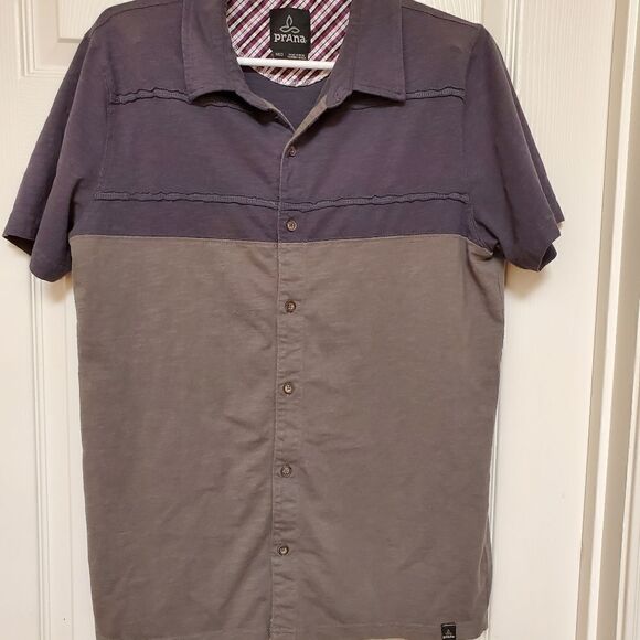 Prana Men’s Medium Blue Gray Colorblock Button Up Short Sleeve Shirt - Picture 6 of 6